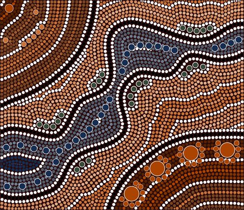 Indigenous artwork showing a collection of small circles in different shades of orange, brown and blue. The circles are shaped into a wave-like patterns.